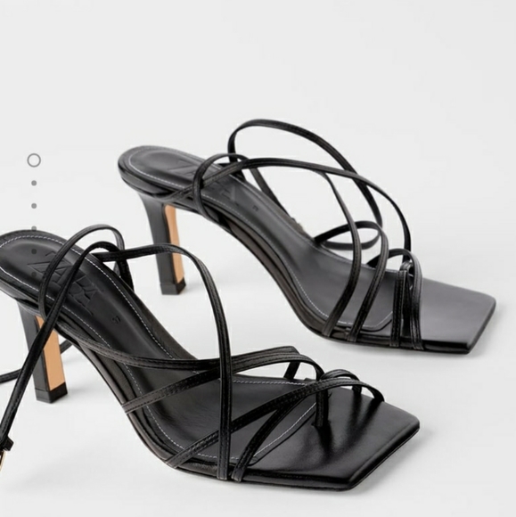 Heeled Square Toe Leather Strappy Sandals - Picture 2 of 3